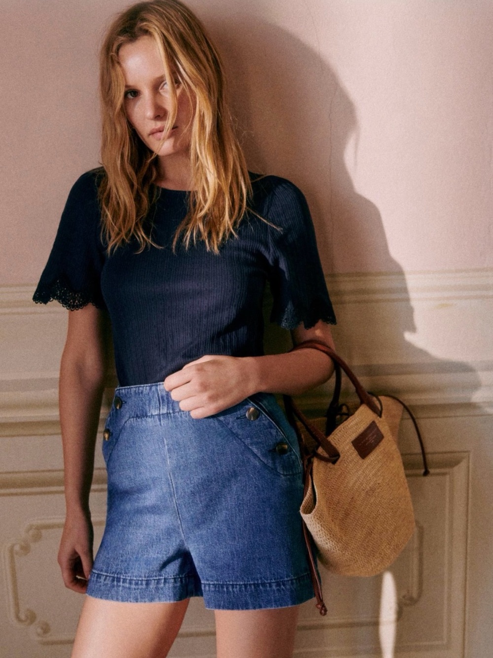 NWT Sezane mayron High-Rise Denim Shorts in Blue rare